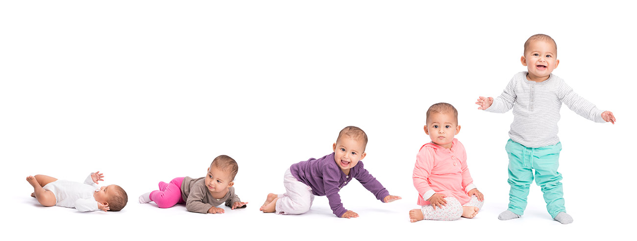 Five infants illustrating key growth milestones from newborn to first steps, showing developmental progression
